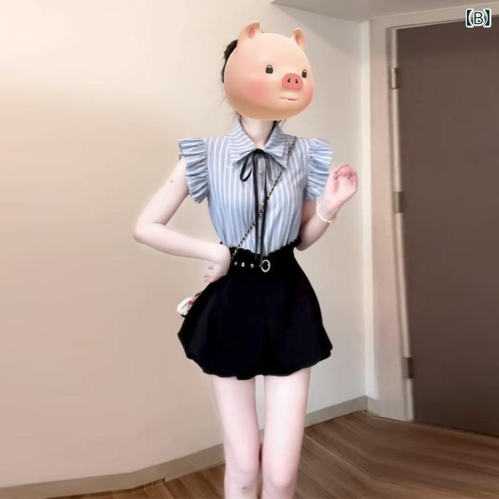 レディース セットアップ 条紋 ブラウス ショートパンツ 春夏 セット かわいい 軽量 ポリエステル 素材 接触冷感 吸湿速乾 免烫加工 フレンチスタイル 甘め 清新 女性用 ファッション トップス ボトムス 組み合わせ 普段使い 伸縮性 ビッグシルエッ