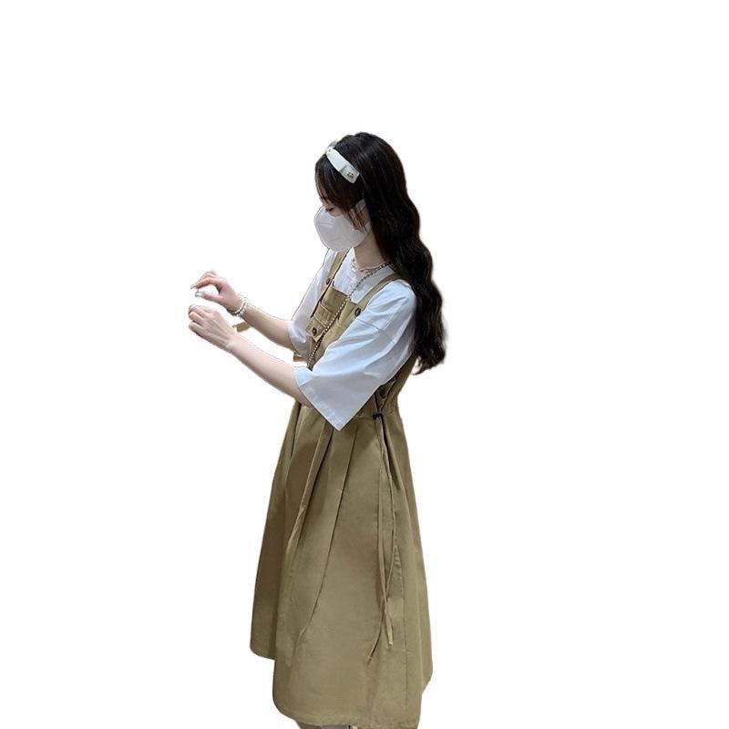 レディース 森ガール 甘め ワークスタイル 背带ワンピース 学生向け 夏用 韓国風 ウエスト切り替え スリムシルエット 吊り帯スカート ..