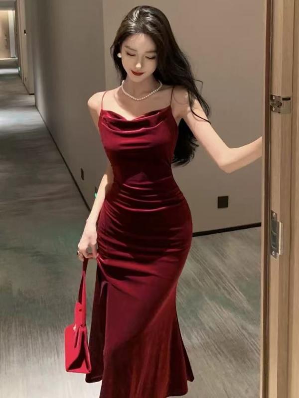 乐天商城 - ワンピース レディース 秋冬 セクシー タイト フィッシュテール ロングドレス スリット ヒップハグ フォーマルドレス ベルベット Vネック ショートスリーブ ミッドライズ ポリエステル ワインレッド ブラック 軽量 伸縮性 純欲風 セクシーガール 私服