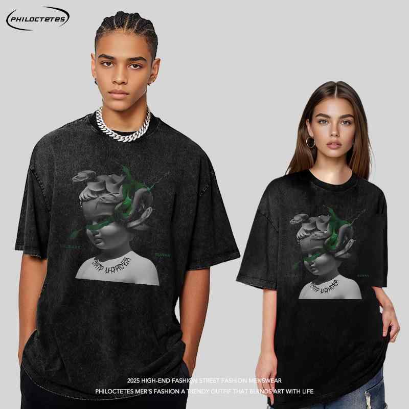 樂天商城 - メンズ Tシャツ バックレス ビンテージ ウォッシュ加工 ユーズドスタイル プリント柄 オーバーサイズ 短袖 丸首 ルーズフィット 綿素材 吸湿速乾 透気性 通勤 カジュアル 日常使い ブラック ホワイト グレー系 春夏 秋冬 通年