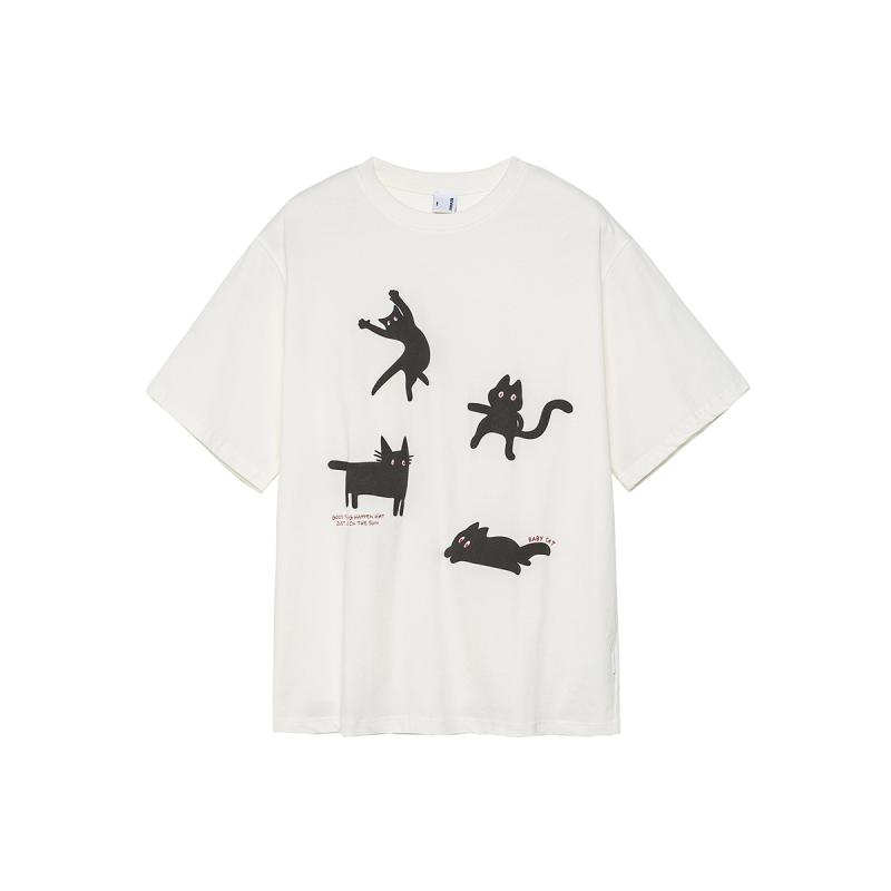 Other - メンズ Tシャツ 短袖 綿素材 透気性 ルーズフィット ラウンドネック セットインスリーブ ベージュ カラフル プリント ユーモア猫柄 ビロード加工 夏用 カジュアル ストリートスタイル ティーン向け 日常使い