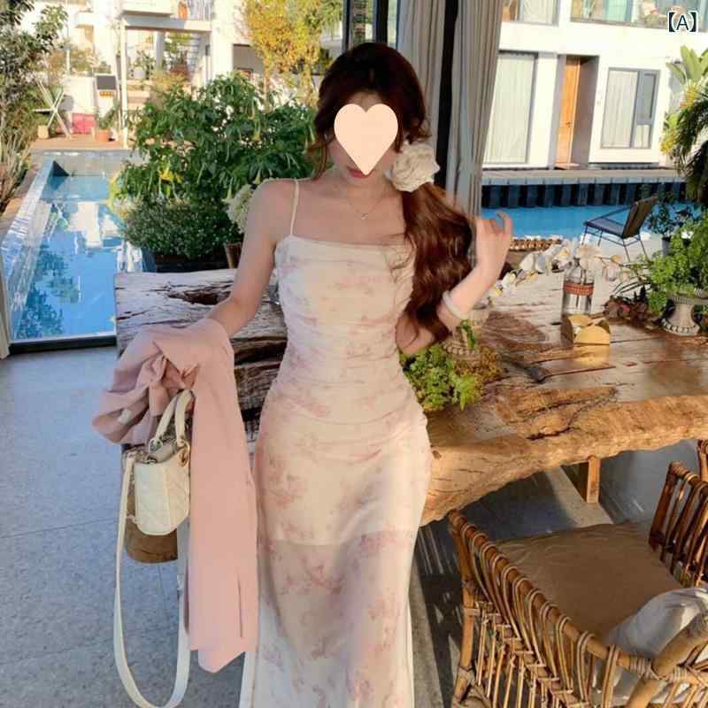 フォークBRのレディース ワンピース 吊り紐 修身 チュール フィッシュテール 包み込み 長丈 海辺 ビーチ リゾート 春夏 フラワー柄 プリーツ 軽量 ポリエステル ピンク系 杏色 かわいい 街頭スタイル 女性用 ドレス トップス 無袖 フレアスカート｜アングル2
