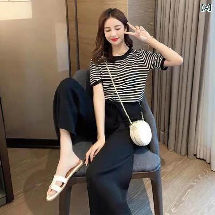 レディース スポーツウェア セット 女性用 韓国風 ゆったり トップス ワイドパンツ 2点セット ストリートファッション 条紋柄 切り替えデザイン ポリエステル素材 伸縮性 通勤スタイル 普段使い ブラック ベージュ系 夏 春夏