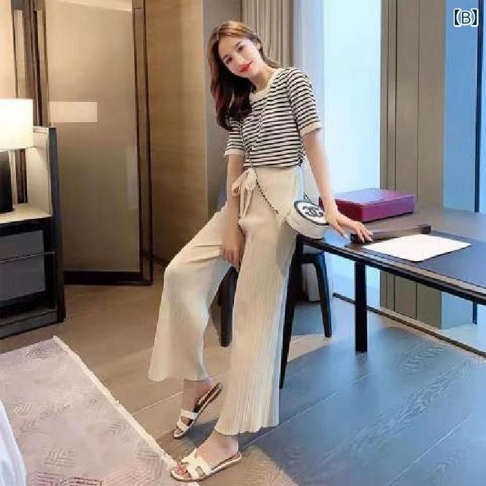 レディース スポーツウェア セット 女性用 韓国風 ゆったり トップス ワイドパンツ 2点セット ストリートファッション 条紋柄 切り替えデザイン ポリエステル素材 伸縮性 通勤スタイル 普段使い ブラック ベージュ系 夏 春夏