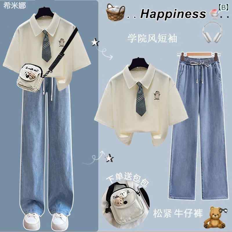 レディース 夏 セットアップ トップス 短袖 Tシャツ 飛脚袖 切り替え プリント ポリエステル 涤纶 吸湿速乾 気質 通勤 都市風 ワイド シルエット ゆったり フィット ストレートパンツ デニム 素材 伸縮性 ドローストリング ウエスト 調整 可能 2