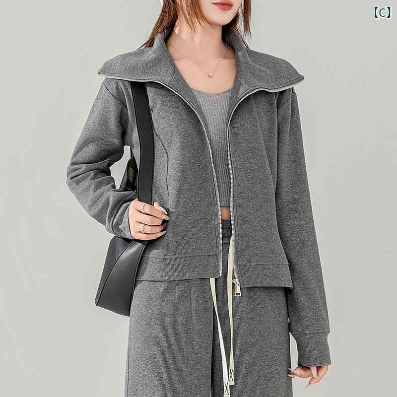 レディース セットアップ 翻領パーカー ロングパンツ 秋冬 通勤風 気質スタイル ポリエステル素材 長袖 ロング丈 ポケット付き 燕麦色 ブラック ダークグレー ワイドレッグ ゆったりシルエット 免烫加工 ストレッチ性 普段使い ビジネスカジュアル 切り