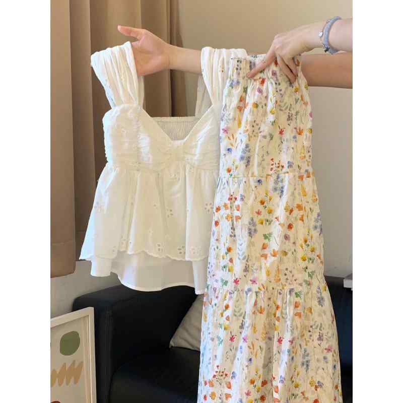 レディース 夏 セットアップ 花柄 ロングスカート 雪纺 素材 切り替え デザイン 無袖 キャミソール ハイウエスト スカート 気質 通勤 ..