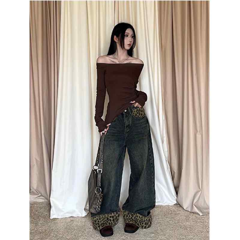 レディース デニムパンツ 秋冬 ヒョウ柄 巻き縁 ワイドレッグ ストレート ハイウエスト ビッグサイズ ゆったり スリム効果 ロング丈 中厚手 水洗加工 免燻処理 スニール混 氨纶 ストレッチ ブルー 私服 御姐スタイル