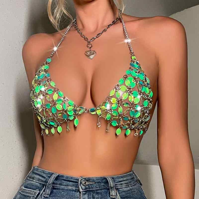 トップス レディース ハングネック 吊り紐 キャミソール セクシー 背中開き ビーズ装飾 緑 春夏 軽量 伸縮性 個性派 ストリートファッション 普段使い 通勤 通年対応