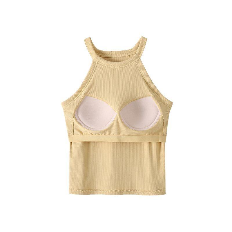 Rakuten - 春夏 女性用 吊り帯 キャミソール インナー 胸パッド 付き 無袖 トップス 切り替え デザイン 接触冷感 再生繊維 厚手 素材 ブラック ホワイト イエロー ピンク系 ベージュ ブラウン 通勤 普段使い 部屋着 対応 軽量 吸湿速乾 ビッグシルエット