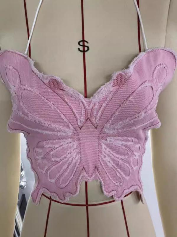 キャミソール 女性用 ピンク 蝶柄 デザイン 吊り下げ 背心 夏用 トップス インナー ショート丈 デニム 綿素材 無弾性 ストリートスタイル 3Dパターン 紐付き 不規則シルエット 超短丈 肩紐 ダブルストラップ 欧米風 街頭ファッション