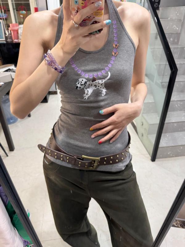 Camisoles - キャミソール 女性用 夏 グレー 接触冷感 モダール ストレッチ 切り替え 無袖 トップス ハルターネック バックツイスト 犬柄 プリント 動物 柄 日韓 カジュアル 修身 シルエット 肩紐 Y型 不可取り外し 動物 モチーフ ネックレス 風 プリント