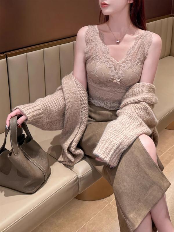 Camisoles - 女性用 キャミソール トップス 吊り帯 背心 インナー 純色 修身 セクシー ファッション ブラジャー 胸パッド 付き インナーウェア レース デザイン ポリエステル 繊維 ミルクティーブラウン ミルクホワイト ブラック 無弾性 肩紐 固定 通勤 スタイ
