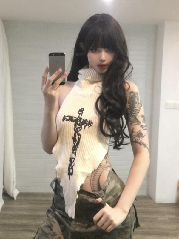 Camisoles - レディース トップス セクシー 春夏 接触冷感 再生繊維 米白色 ビッグシルエット ハングネック 無袖 背中開き クロス柄 プリント 切り替え ニット ショート丈 私服 普段使い 軽量 伸縮性 吸湿速乾 女性用 春 セーター ブラウス 春服 インナー タ