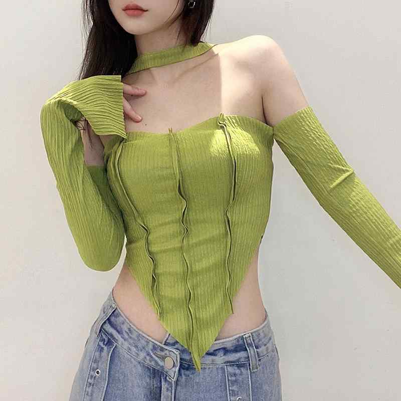 トップス レディース かわいい 春夏 ハルネック スリムフィット 切り替え デザイン ブラウス 純色 クロップド丈 ファッション トップス 伸縮性 素材 ポリエステル 混紡 軽量 通勤用 普段使い 部屋着 白色 グリーン ブラック S M L サイズ展開