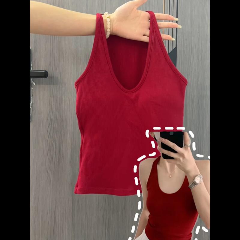 キャミソール 女性用 赤 ハングネック 胸パッド 吊り紐 綿素材 無袖 トップス かわいい 背中開き 丸首 切り替えデザイン 軽量 伸縮性 通勤 普段使い 室内着 ブラック ブルー ホワイト カーキ 春夏秋冬(4.0)