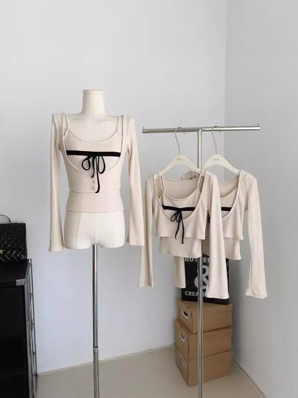 Three-Piece Set - レディース トップス 長袖 インナー レイヤード 二枚重ね セット 燕麦色 ポリエステル 再生繊維 接触冷感 吸湿速乾 ゆったりシルエット 慵懒スタイル 日韓カジュアル 春夏 普段使い 軽量 通勤対応 部屋着