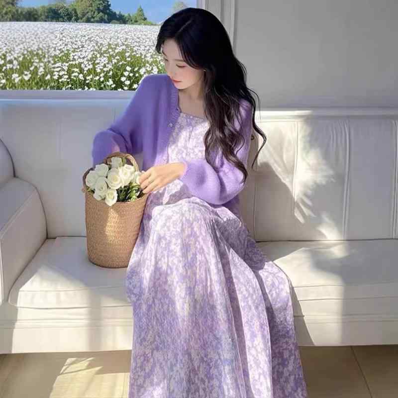 ワンピース セット レディース かわいい 紫色 花柄 吊り帯 中長丈 長袖 切り替え デザイン 気質 通勤風 普段使い 涤綸 ポリエステル 素材 軽量 伸縮性 吸湿速乾 機能 春夏 秋 シーズン 対応 カジュアル スタイル トップス スカート 組み合わせ