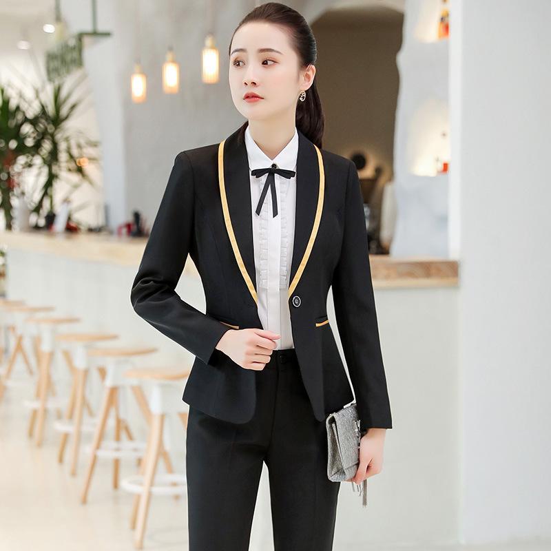 レディース スーツ セット ジャケット ベスト パンツ セット OL 通勤服 ホテル 美容院 事務服 宝石店 職業装 切り替え デザイン 長袖 小ジャケット ストレートパンツ ロングパンツ ポリエステル 繊維 ブラック ワインレッド ブルー スカート セ(x2)