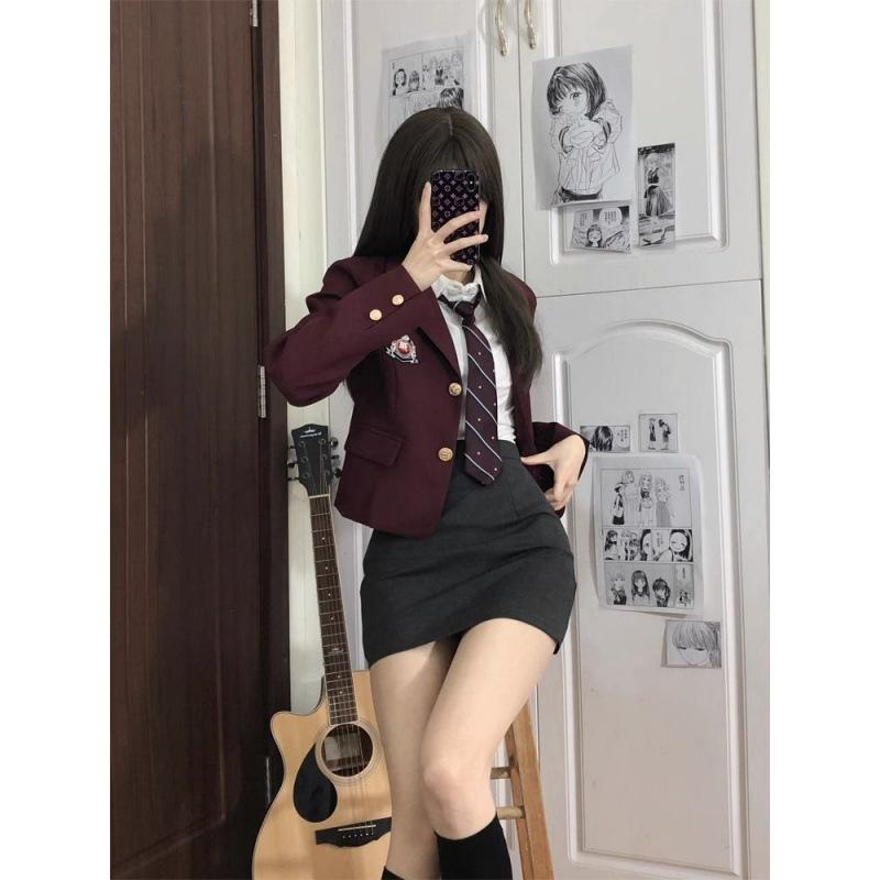 レディース 制服風 スカートセット 酒红色 ジャケット ブラウス タイ 包臀スカート 気質 通勤 セット 都市スタイル 長袖 ボタン ポリエステル 修身 ロングスカート 純色 プリント加工 袖丈長め 飛袖デザイン 秋冬 女性用 日常着 軽量 伸縮性 セッ