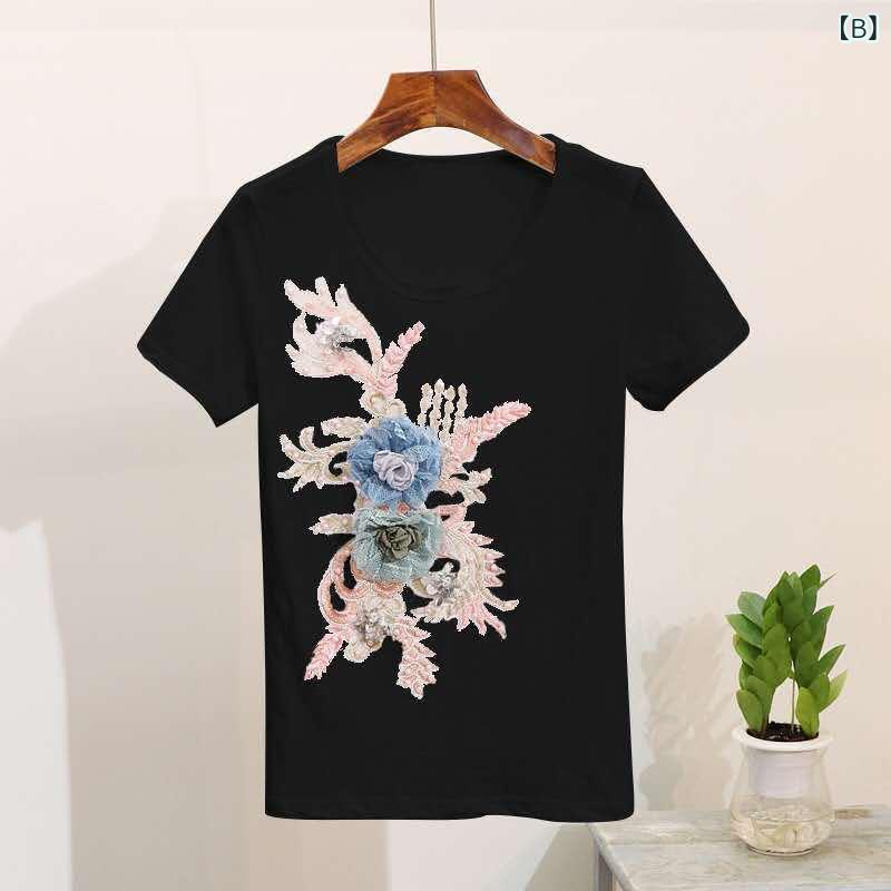 レディース デニム セットアップ 刺繍 短袖 トップス ワイドパンツ 3D 柄 切り替え デザイン 九分丈 コットン 混紡 ストレッチ 素材 軽量 快適 街頭 スタイル 個性 ファッション 白色 ブラック カラー 選択 可能