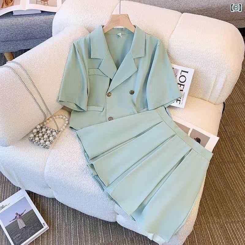 レディース スカートセット 春夏 セットアップ 女性用 韓国風 ファッション トップス スカート 2点セット プラスサイズ ゆったりシルエット スーツカラー ラペルデザイン アシンメトリーヘム プリーツスカート 気品通勤 日常使い 英国風 優雅スタイル