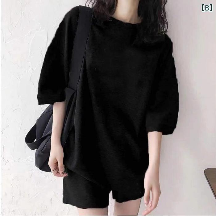 レディース 休闲 スポーツ セットアップ かわいい 春夏 女性用 トップス 短袖 ショートパンツ 2点セット 切り替え デザイン ポリエステル 素材 グレー ブラック カラー ゆったり シルエット 吸湿速乾 機能 軽量 通勤 普段使い アウトドア 対応