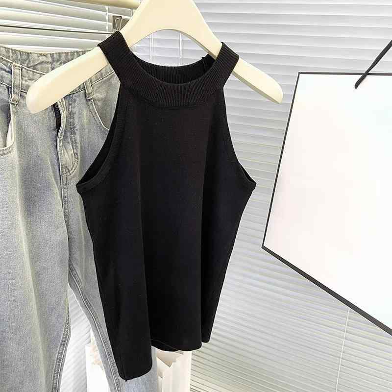 Camisoles - レディース キャミソール トップス ハンギングネック 肩落とし 肩出し ノースリーブ スリムフィット ショート丈 ニット 小さめ 吊り下げ ブラック ホワイト カーキ 切り替え ピュアカラー ポリエステル 微弾性 軽量 薄手 夏 通勤 普段使い 都市風