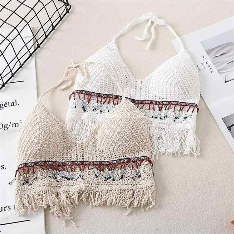 レディース ボヘミアン風 ハングネック クロップド ベアトップ 刺繍 トップス 吊り紐 切り替え 綿 素材 微弾性 修身 シルエット 幾何学 柄 セクシー スタイル 私服 白色 杏色 迷彩 夏 シーズン かわいい デザイン
