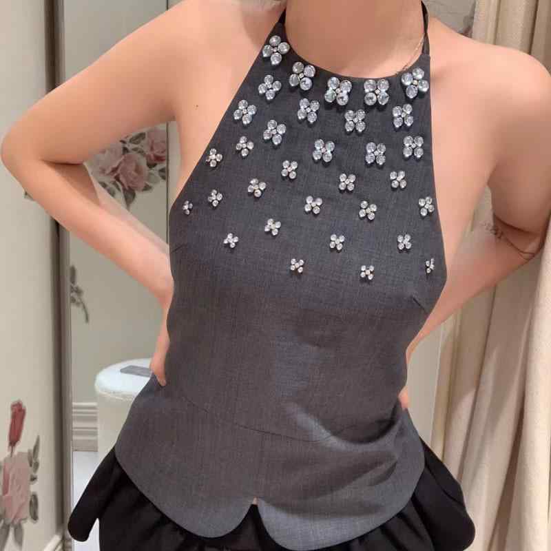 Camisoles - レディース トップス 吊り首 背中開き 修身 甘め かわいい 綿 接触冷感 無弾性 グレー ブラック ライトブルー 夏 切り替え ビーズ刺繍 軽量 通勤 デート 普段使い