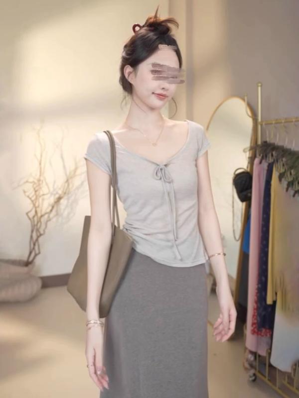 Camisoles - Tシャツ レディース 夏 春夏 浅灰 イエロー 燕麦灰 Uネック 系帶 ハンギングネック 大襟 短袖 切り替え 収腰 修身 薄手 軽量 吸湿速乾 日韓 カジュアル 普段使い 通勤用 接触冷感 再生繊維