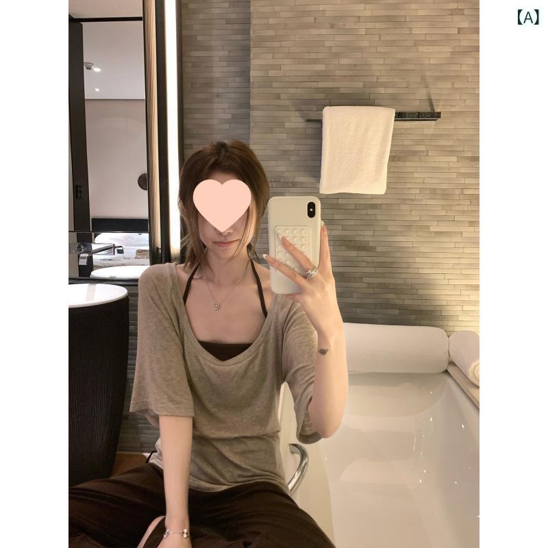レディース Tシャツ トップス Uネック 短袖 半袖 ハングネック キャミソール 胸パッド付き ゆったりシルエット 燕麦色 桜花ピンク ホワイト ライトグレー ブラウン ブルー 接触冷感 伸縮性 吸湿速乾 春夏 普段使い 私服