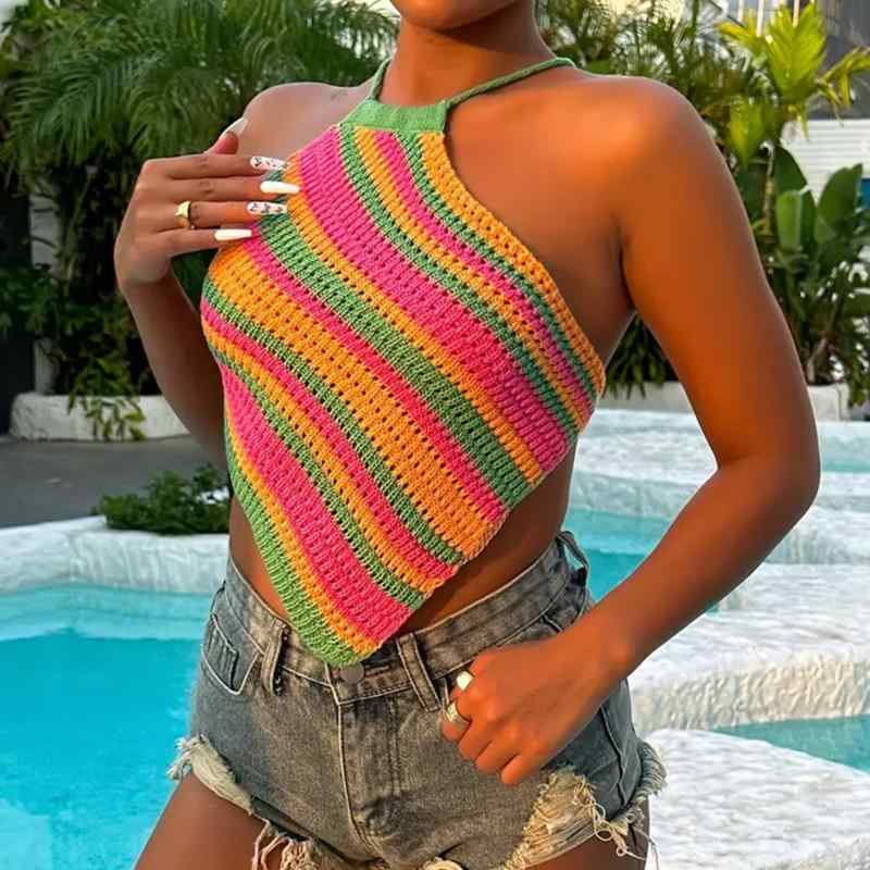 Camisoles - レディース トップス ハルネック チューブトップ 肩紐 タイトフィット ショート丈 ストライプ柄 チェック柄 切り替え グリーン オレンジ ピンク 紫 ホワイト ブルー カーキ ブラック セクシー 辣妹 ビーチ ウェア ニット ストレッチ アクネロン 素