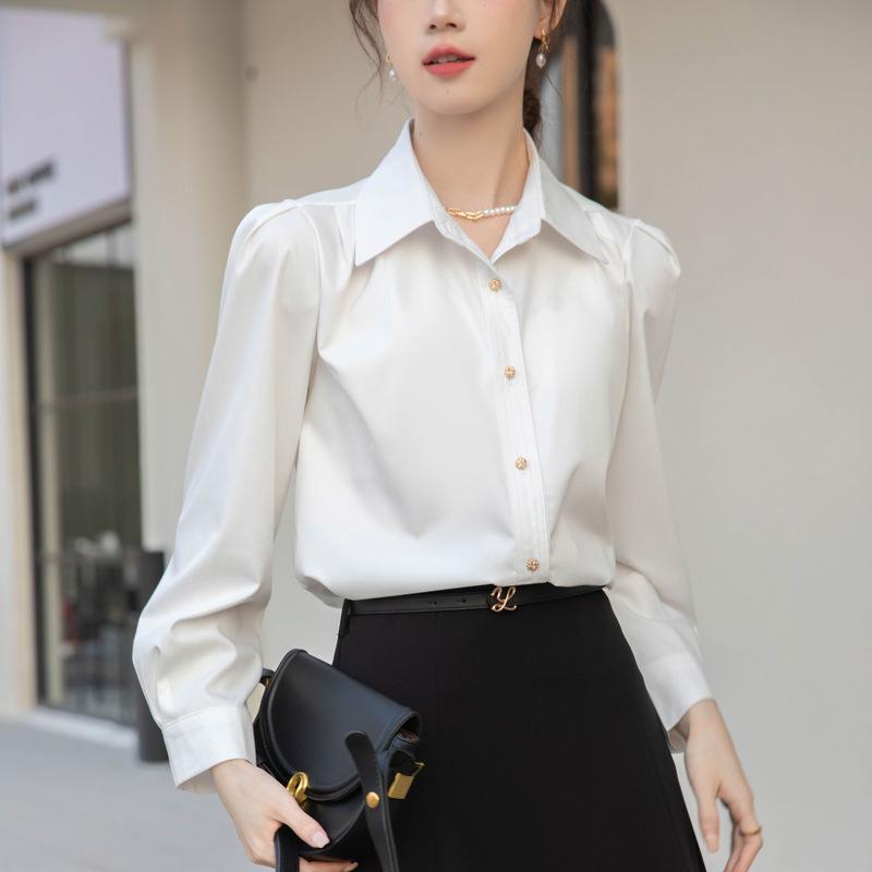 Camisoles - ブラウス レディース ホワイト ブルー 通勤用 修身シルエット ハンギングネック 長袖 開襟 シャツ トップス 気質スタイル 春秋 接触冷感 吸湿速乾 軽量 上品 ビジネス カジュアル 女性用