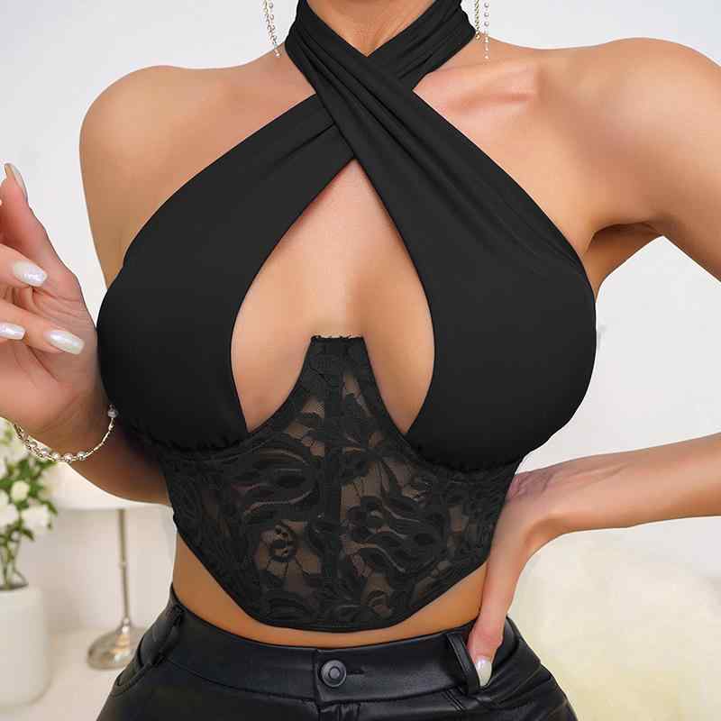 ブラ トップス 女性用 セクシー デザイン ハルタネック バックレス 胸強調 網目レース 切り替え 紐調整 Vネック 刺繍 透け感 プリント ポリエステル 厚手素材 ブラック 伸縮性 通年 インナー 部屋着 普段使い 軽量 快適