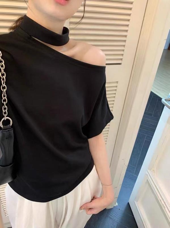 Other - Tシャツ 女性用 春夏 ハングネック 肩出し トップス 短袖 ゆったり ルーズ スリムライン 切り替え 綿 ストレッチ 接触冷感 ブラック ホワイト 純色 日韓カジュアル 気質 普段使い 軽量 吸湿速乾 通勤 アウトドア
