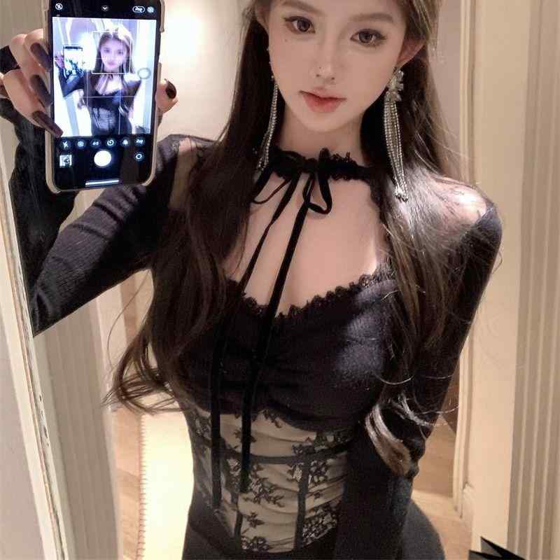 Other - Tシャツ 女性用 長袖 ハンギングネック レース ブラック 修身 フレアスリーブ 都市風 通勤用 気質 デザイン 純欲 絶美 トップス ブラウス コットン混 伸縮性 軽量 接触冷感 秋冬