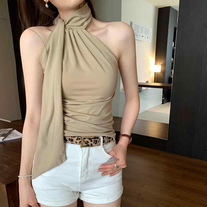 無袖トップス 女性用 ハンギングネック 肩出し 背心 シャツ 夏 通勤スタイル セクシー かわいい 修身 スリム 無袖 普通丈 ポリエステル スパンデックス ニット 純色 リボン かき色 ブラック 気質 接触冷感 吸湿速乾 軽量 伸縮性