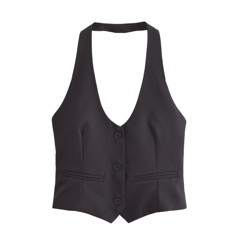 Camisoles - レディース トップス ハルネック 背中見せ キャミソール マキシム 修身 純色 ボタン ポリエステル 再生繊維 ブラック ネイビー ブラウン 微弾力 ストリート ファッション セクシー デザイン 普通丈 肩掛けストラップ 切り替え 街着 普段使い 軽量
