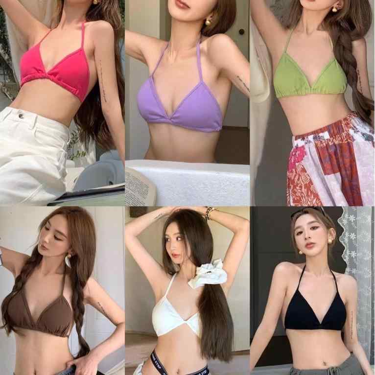 ビキニ トップス レディース セクシー ハルネック ビキニ 切り替え デザイン Vネック 綿 人棉 素材 接触冷感 ピンク系 パープル グリーン ブラウン ホワイト ブラック 夏 春夏 ビーチ バカンス 軽量 伸縮性 吸湿速乾 ビッグシルエット スイムウ
