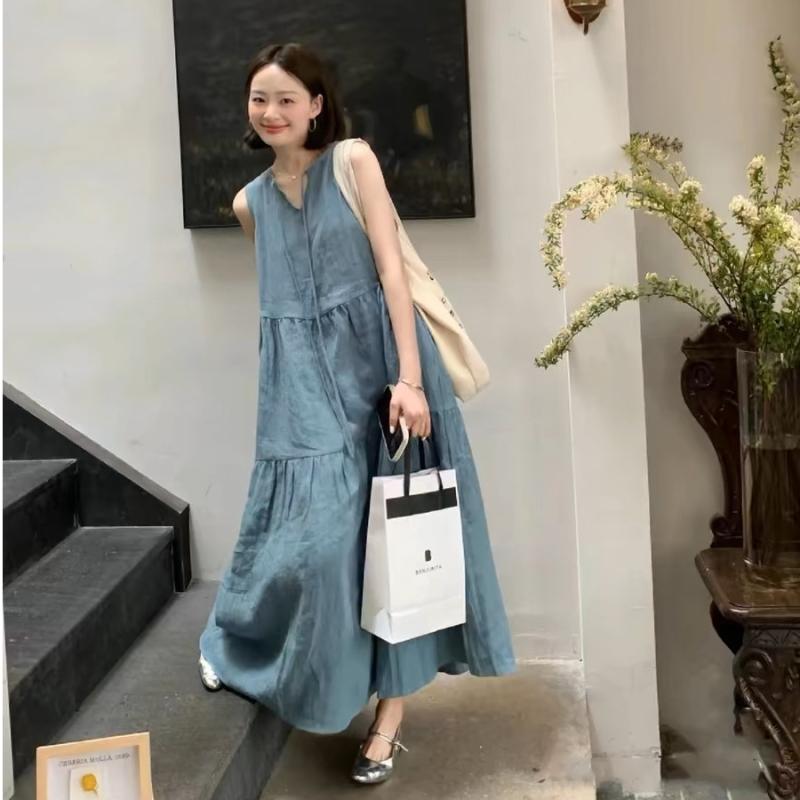ワンピース 女性用 夏 韓国風 シック 気質 丸首 ノースリーブ 背中開き 紐付き ゆったり Aライン ミディ丈 ハイウエスト ライトブルー ポリエステル 接触冷感 吸湿速乾 清新 かわいい 普段使い カジュアル 背中デザイン ゆったりシルエット