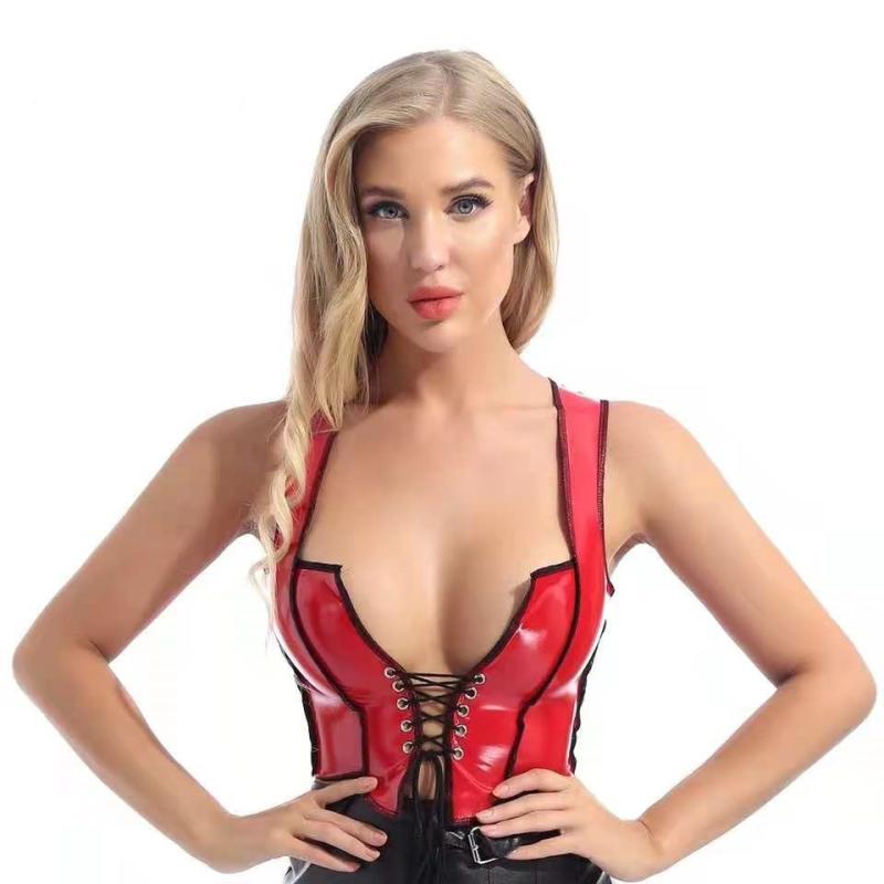 Camisoles - レディース 肩ストラップ 赤 修身 セクシー トップス PVC 鏡面 光沢 素材 スパンデックス 混合 中弾力 かわいい 甘め スタイル ハングネック 肩紐 紐 調整 機能 フィット 感 無臭 ライト ウェイト 夏 シーズン アイテム