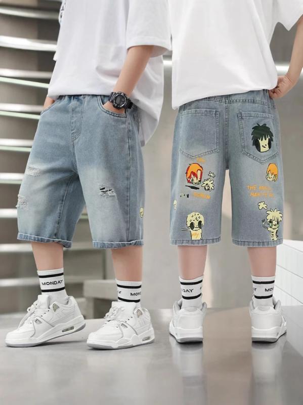 Long-Trousers, Trousers - キッズ 男の子 夏用 中パンツ 半ズボン 綿 柔らか素材 軽量 通気性 吸湿速乾 カードプリント 花柄 運動スタイル 基本デザイン ミドルウエスト 伸縮性 子供服 普段使い 遊び着 120cm 130cm 140cm 150cm 160cm 170cm