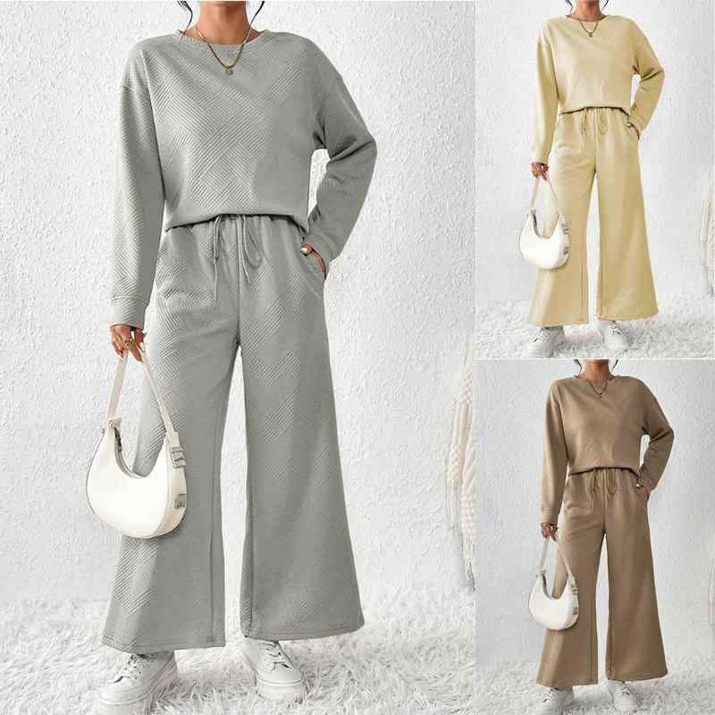 レディース 秋冬 セットアップ トップス ロングパンツ ワイドシルエット シンプル 無地 ダイヤモンド柄 切り替えデザイン フード付き ..