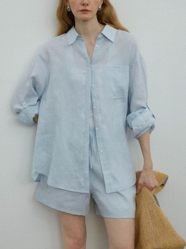 リラックス 夏日 ゆったり カジュアル 風 全ア麻 ゆったりシルエット シャツ レディース 長袖 半袖 半ズボン 防晒 セット 純色 切り替え 加工 通勤 通勤風 四季 通年 通用 白色 ピンク ライトブルー ライトイエロー 軽量 通気性 涼しい 女性