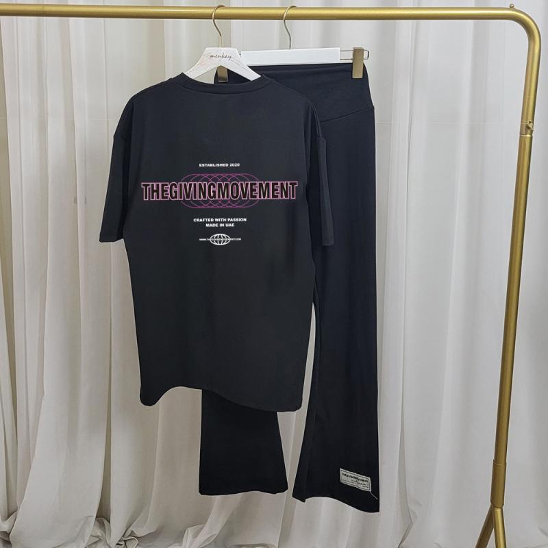 Other - レディース 夏 セットアップ ゆったり 半袖 トップス ハイウエスト フレアパンツ クロッチド ストリートファッション 快適 吸湿速乾 ポリエステル スパンデックス 伸縮性 ブラック ブラウン ホワイト ネイビー グリーン カーキ ライトブルー ロゴプリ