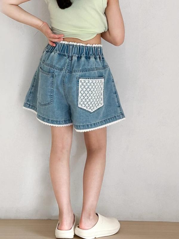 Long-Trousers, Trousers - 女児 デニム ショーツ キッズ 女の子 高腰 牛仔 短パン 綿 素材 柔らかい 肌触り 夏用 防走光 親子コーデ ライトブルー かわいい プリンセス スタイル ガーデン ファッション 軽量 伸縮性 日常使い 遊び着 140cm 以上