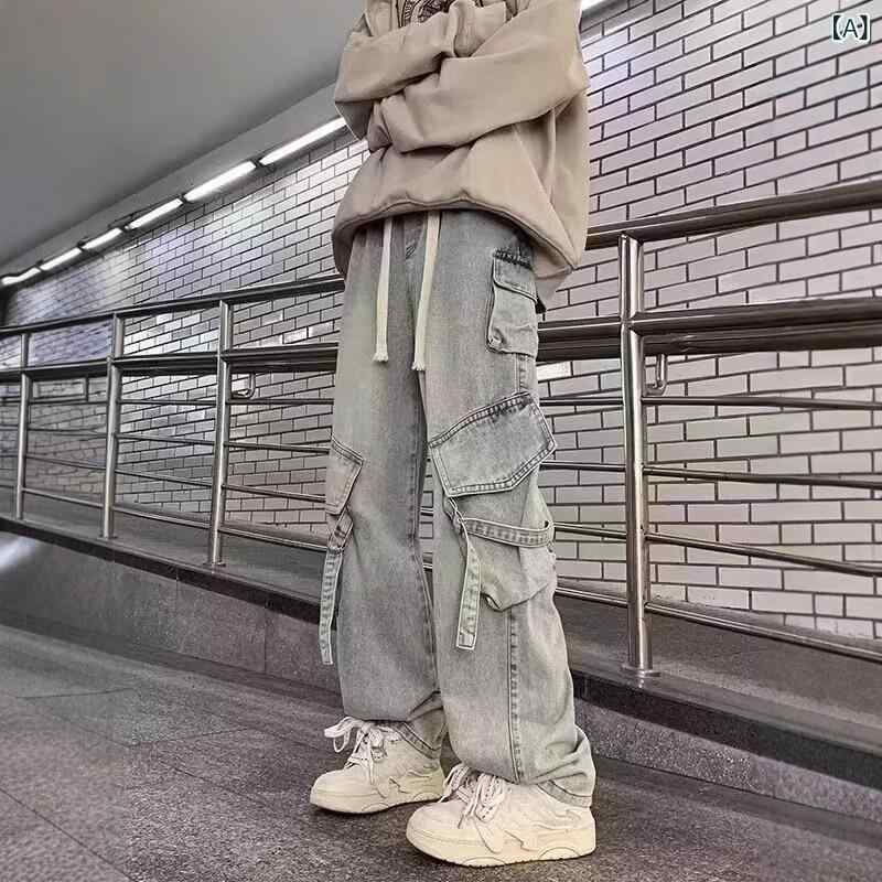 乐天商城 - メンズ 工装パンツ デニム 直筒 長ズボン ミッドライズ コットン100 微弾性 水洗加工 磨き仕上げ 多ポケット 軽熟カジュアル ストリートスタイル ゆったりワイドレッグ 普段使い 通勤対応 秋冬対応 ブルー ブラック 青年向け 軽量 伸縮性 耐久性