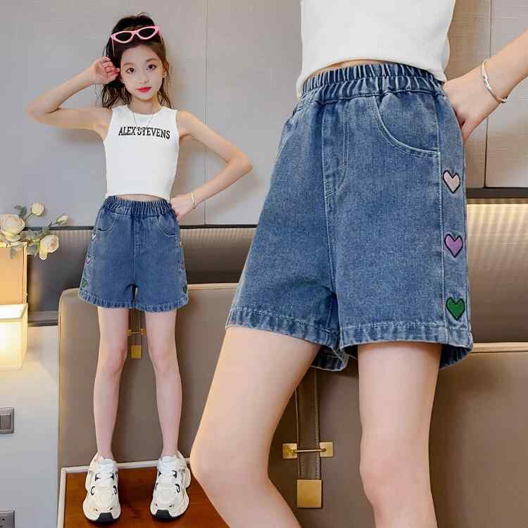 Long-Trousers, Trousers - 女児 デニム 短パン 夏用 子供 刺繍 熱パン 綿素材 柔軟 加工 中腰 ブルー ハート柄 刺繍 デザイン カジュアル スタイル 120cm 130cm 140cm 150cm 160cm 170cm 対応
