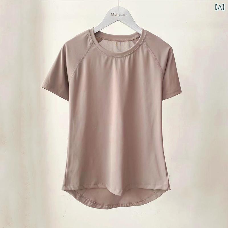 レディース ヨガウェア トップス 透け感 吸湿速乾 接触冷感 メッシュ 短袖 シャツ 春夏 運動用 フィットネス ランニング サイクリング 軽量 伸縮性 ナイロン 再生繊維 クリーム グリーン レッド ブラック ワイドシルエット 腰丈 かわいい 日常使い